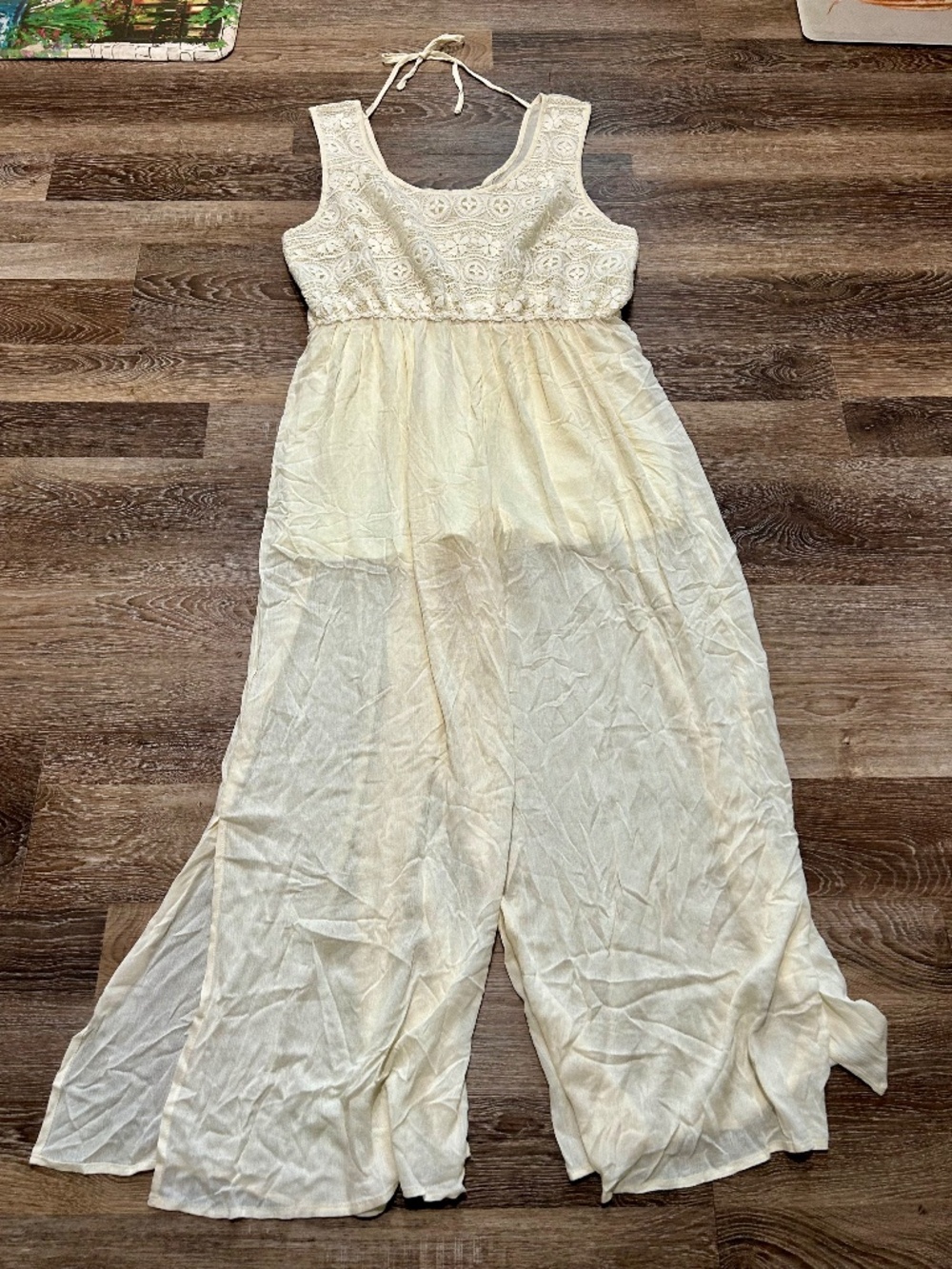 Chic Soul Boho In Lace Jumpsuit 3X Off White/Beige Crochet Bodice Wide Leg